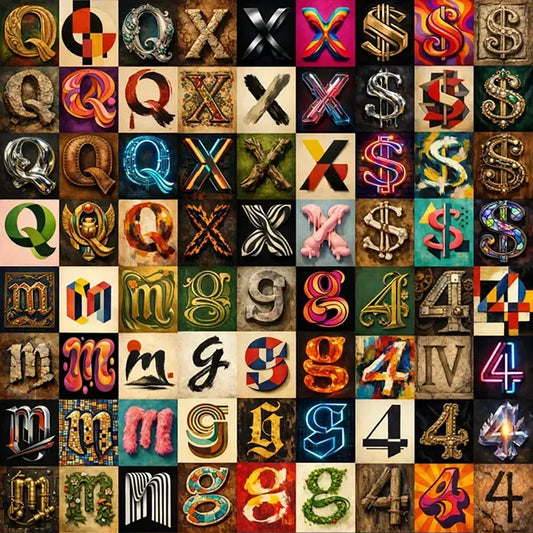 Example output from the 12 Experimental Stylized Letters ChatGPT prompt: a grid of a single stylized symbol character rendered twelve radically different ways — metallic, neon, stone, mosaic, brushstroke and more — on varied backgrounds.