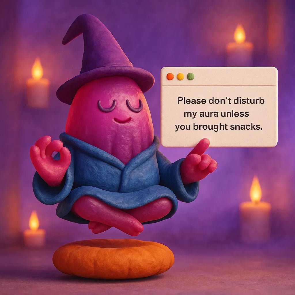 Example output from the 3D Claymation Portrait Popup Cards ChatGPT prompt: whimsical clay characters in pop-up card scenes, featuring photorealistic textures, cinematic lighting, and handcrafted stop-motion detail. Dont Disturb My Aura.