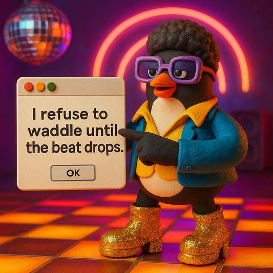 Example output from the 3D Claymation Portrait Popup Cards ChatGPT prompt: whimsical clay characters in pop-up card scenes, featuring photorealistic textures, cinematic lighting, and handcrafted stop-motion detail. I Refuse to Waddle.