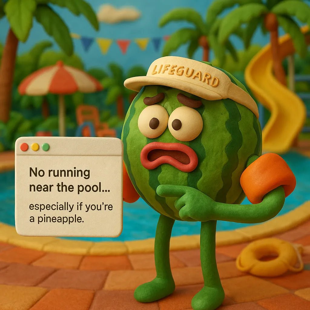 Example output from the 3D Claymation Portrait Popup Cards ChatGPT prompt: whimsical clay characters in pop-up card scenes, featuring photorealistic textures, cinematic lighting, and handcrafted stop-motion detail. No Running Near The Pool.