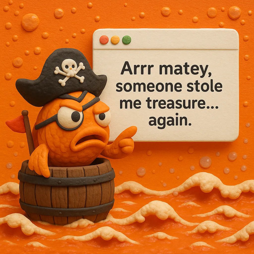 Example output from the 3D Claymation Portrait Popup Cards ChatGPT prompt: whimsical clay characters in pop-up card scenes, featuring photorealistic textures, cinematic lighting, and handcrafted stop-motion detail. Someone Stole Me Treasure.