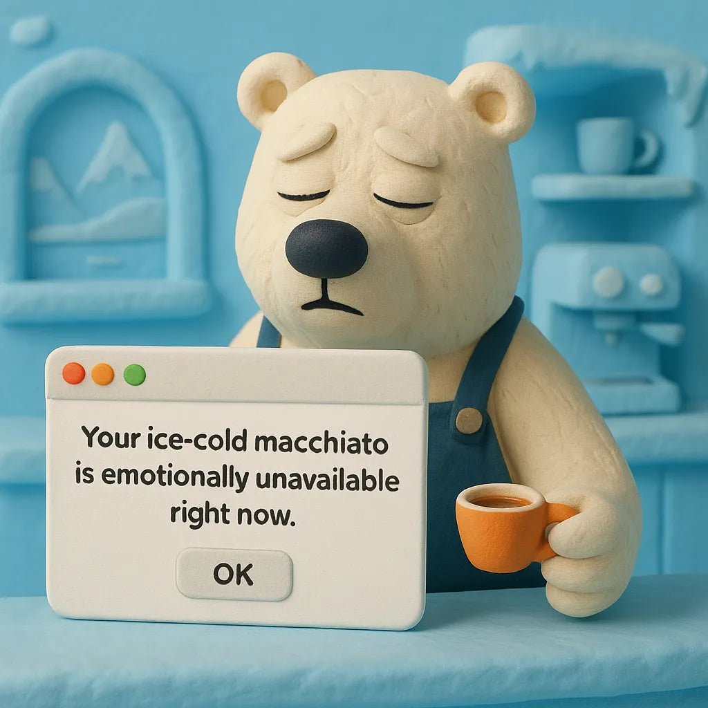 Example output from the 3D Claymation Portrait Popup Cards ChatGPT prompt: whimsical clay characters in pop-up card scenes, featuring photorealistic textures, cinematic lighting, and handcrafted stop-motion detail. Ice-Cold Macchiato.