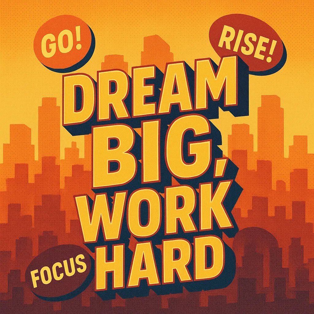 Example output from the 3D Extruded Quote Posters ChatGPT prompt: bold inspirational quote "Dream big, work hard"
