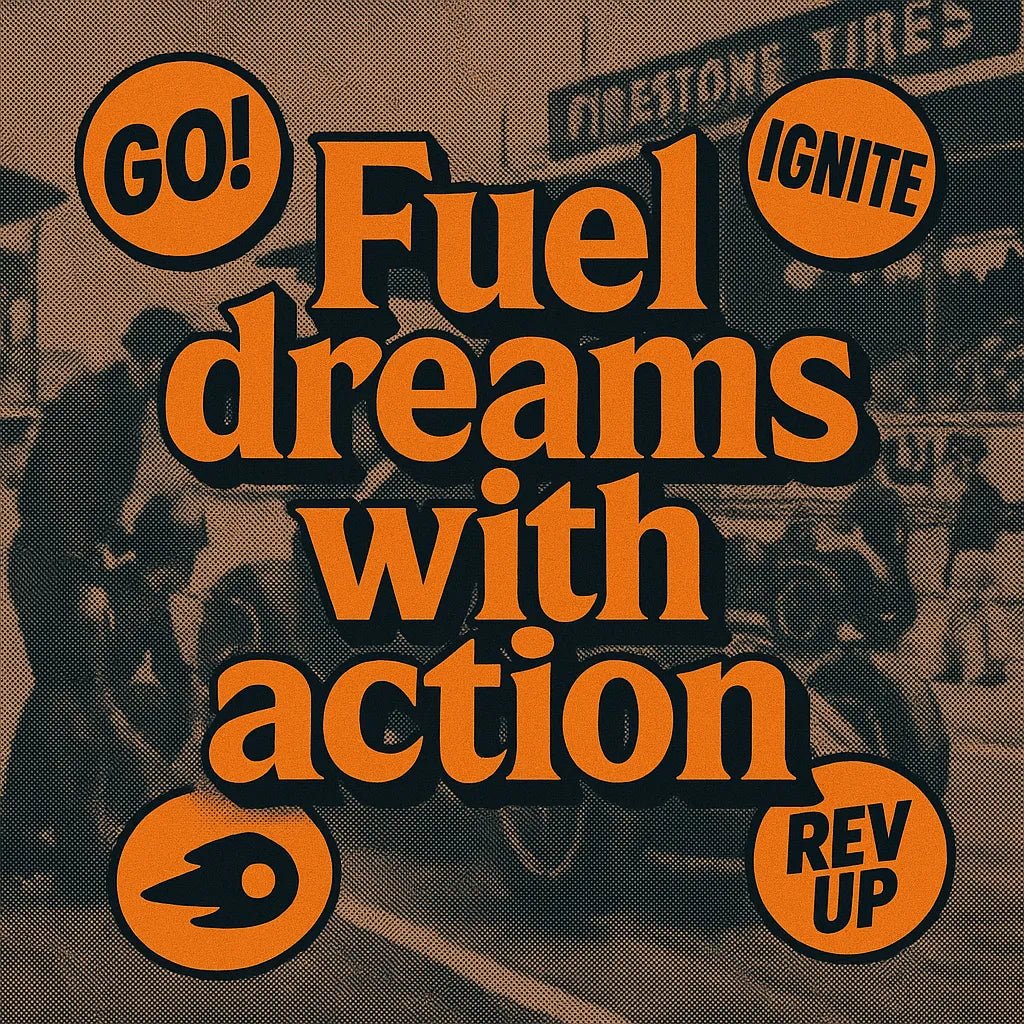 Example output from the 3D Extruded Quote Posters ChatGPT prompt: bold inspirational quote "Fuel dreams with action"