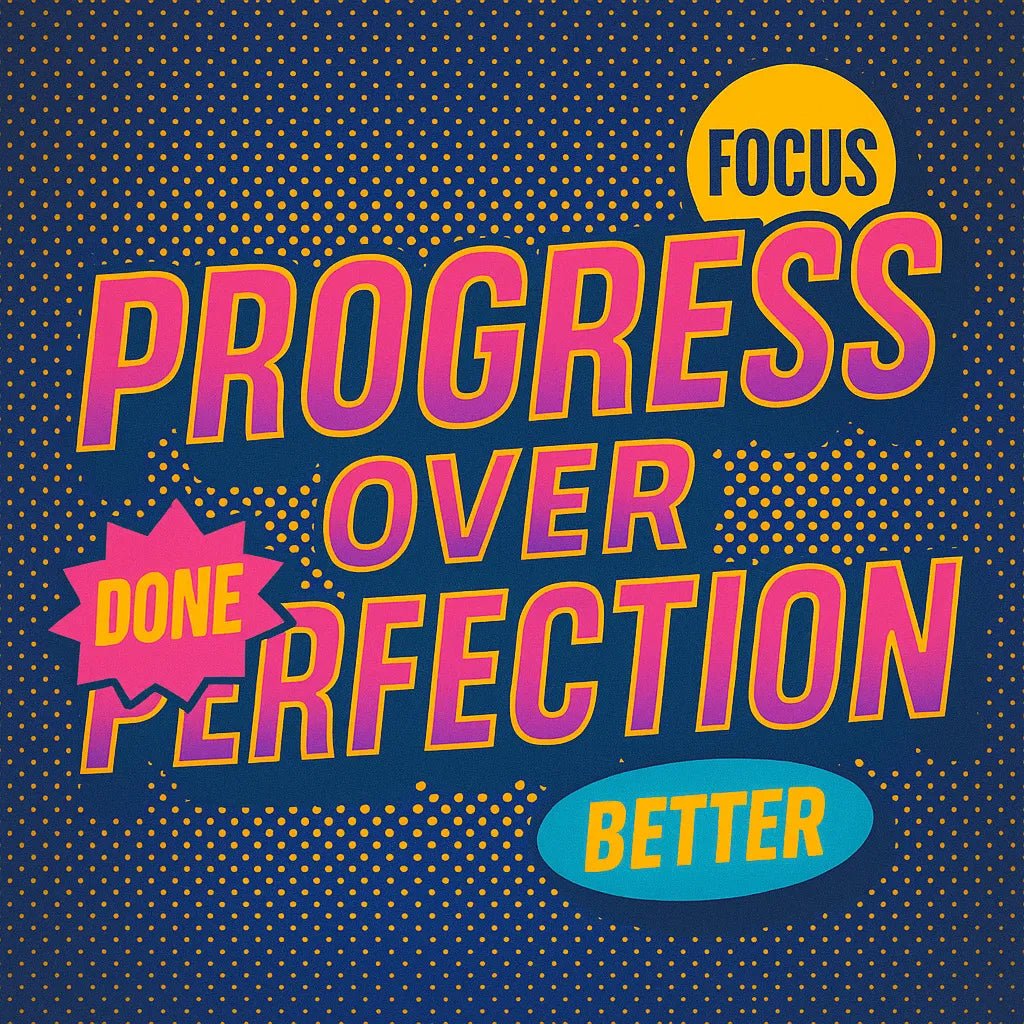 Example output from the 3D Extruded Quote Posters ChatGPT prompt: bold inspirational quote "Progress over perfection"