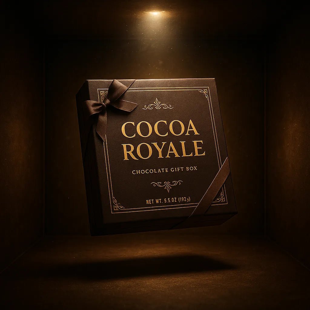 Example output from the 3D Floating Product Box Mockups ChatGPT prompt: premium boxed products floating in centered display. Cocoa Royale.