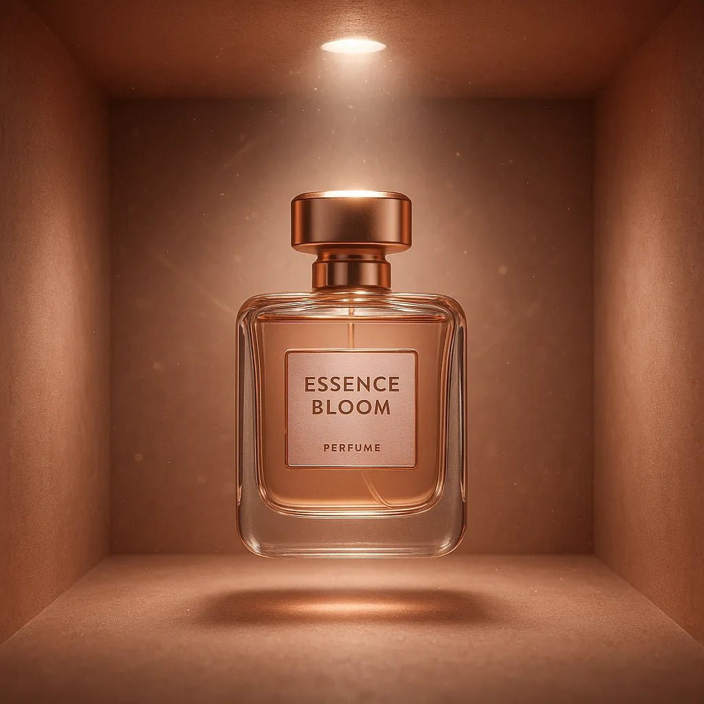 Example output from the 3D Floating Product Box Mockups ChatGPT prompt: premium boxed products floating in centered display. Essence Bloom.