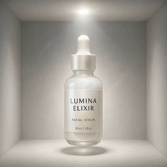 Example output from the 3D Floating Product Box Mockups ChatGPT prompt: premium boxed products floating in centered display. Lumina Elixir.