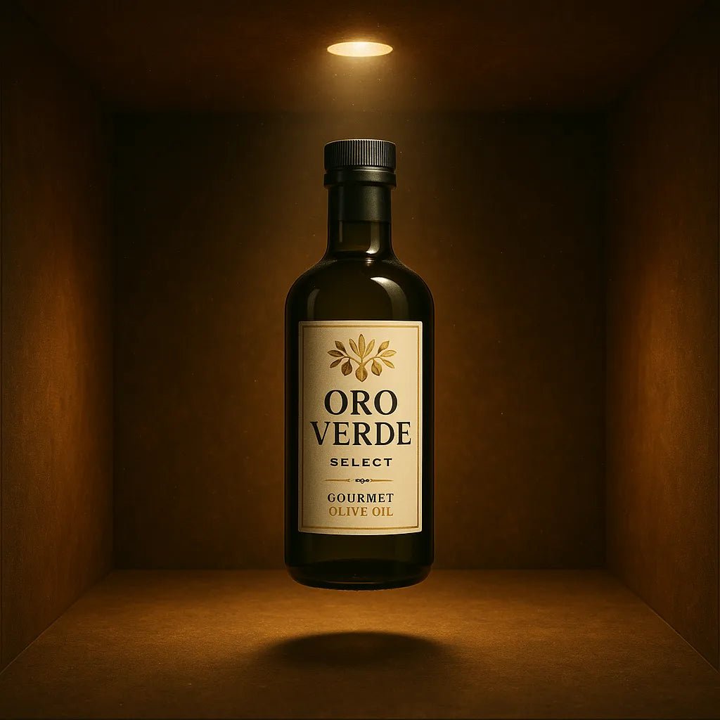 Example output from the 3D Floating Product Box Mockups ChatGPT prompt: premium boxed products floating in centered display. Oro Verde.