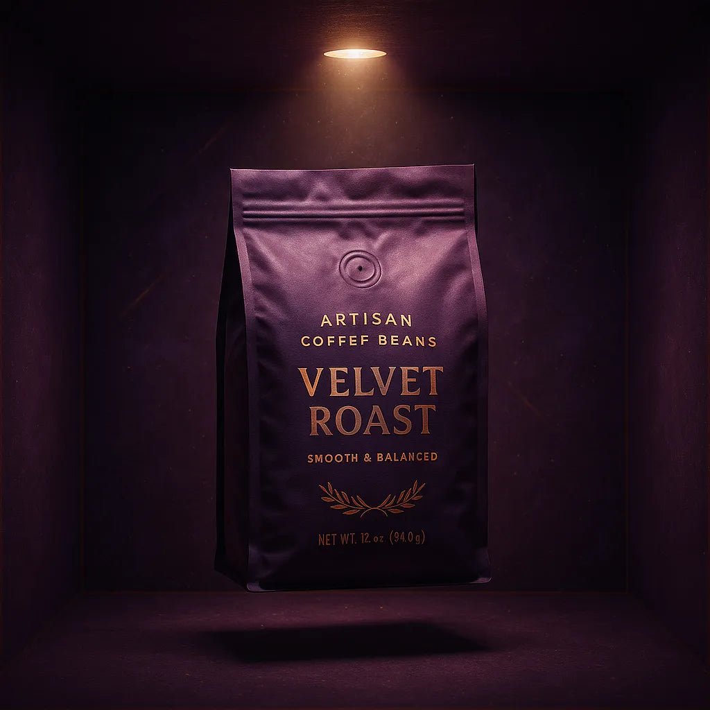 Example output from the 3D Floating Product Box Mockups ChatGPT prompt: premium boxed products floating in centered display. Velvet Roast.