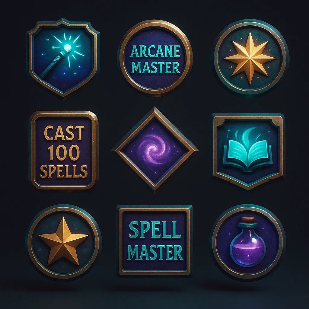 Example output from the 3D Game Badges With Mood Color Sets ChatGPT prompt: themed achievement badges in metallic finishes. Arcane.