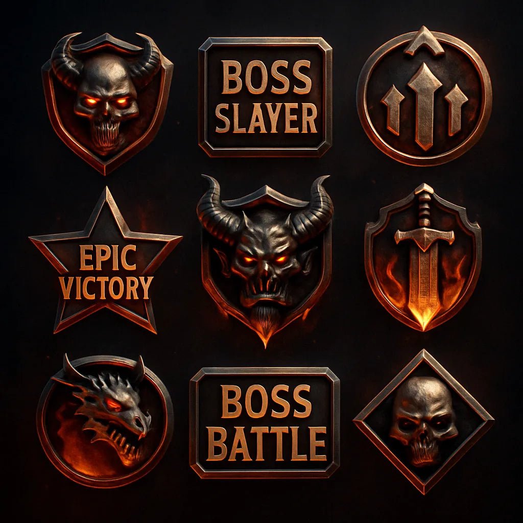Example output from the 3D Game Badges With Mood Color Sets ChatGPT prompt: themed achievement badges in metallic finishes. Boss Battle.