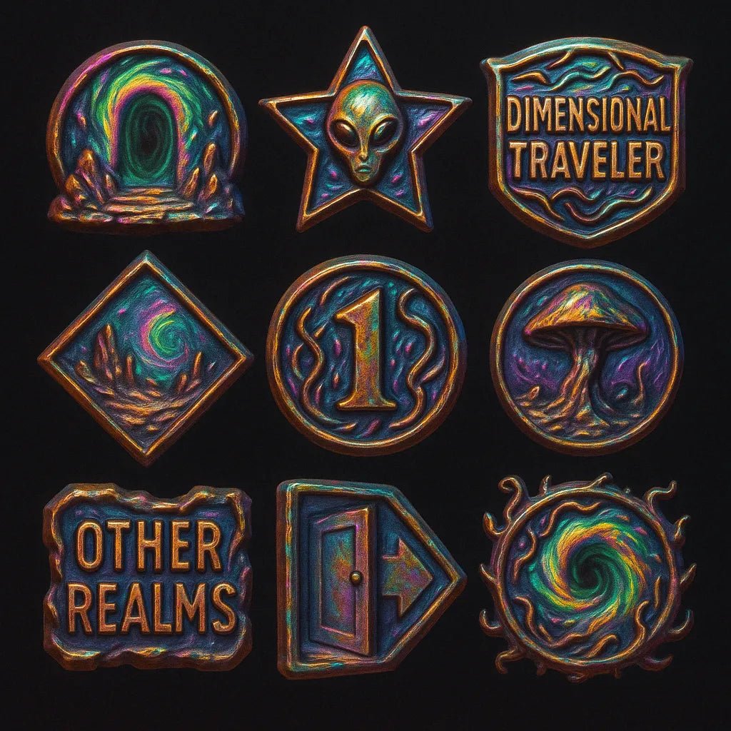 Example output from the 3D Game Badges With Mood Color Sets ChatGPT prompt: themed achievement badges in metallic finishes. Dimensional Traveler.