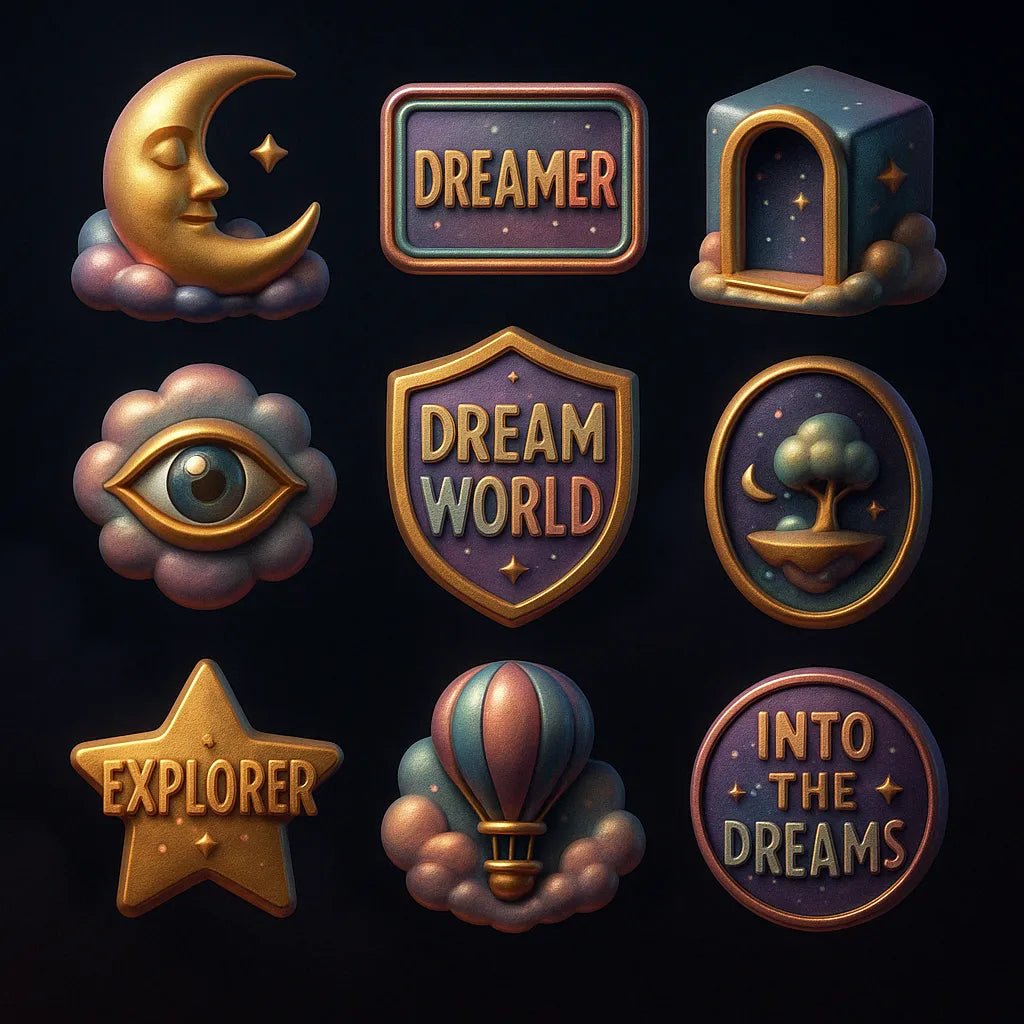 Example output from the 3D Game Badges With Mood Color Sets ChatGPT prompt: themed achievement badges in metallic finishes. Dream World.