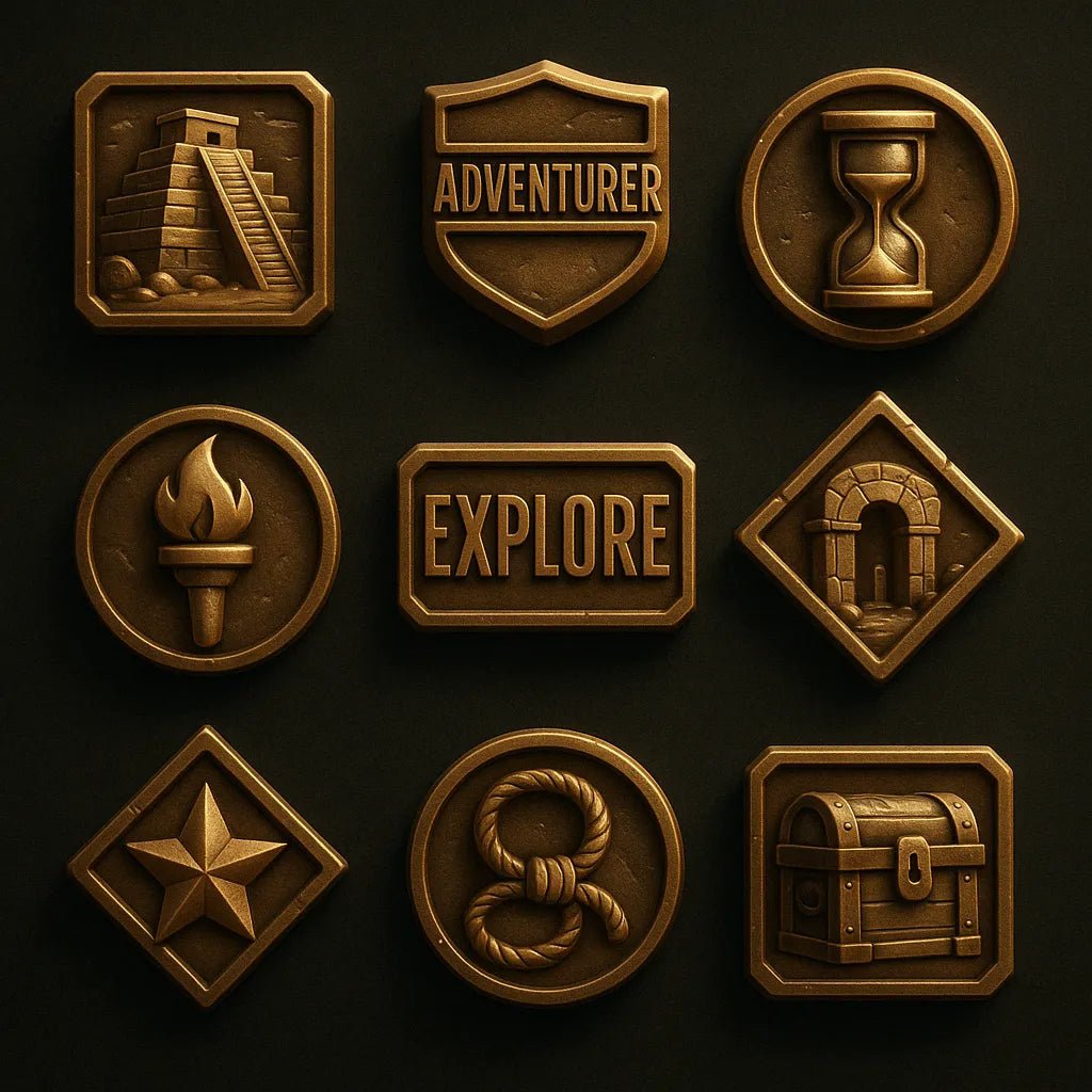 Example output from the 3D Game Badges With Mood Color Sets ChatGPT prompt: themed achievement badges in metallic finishes. Explorer.