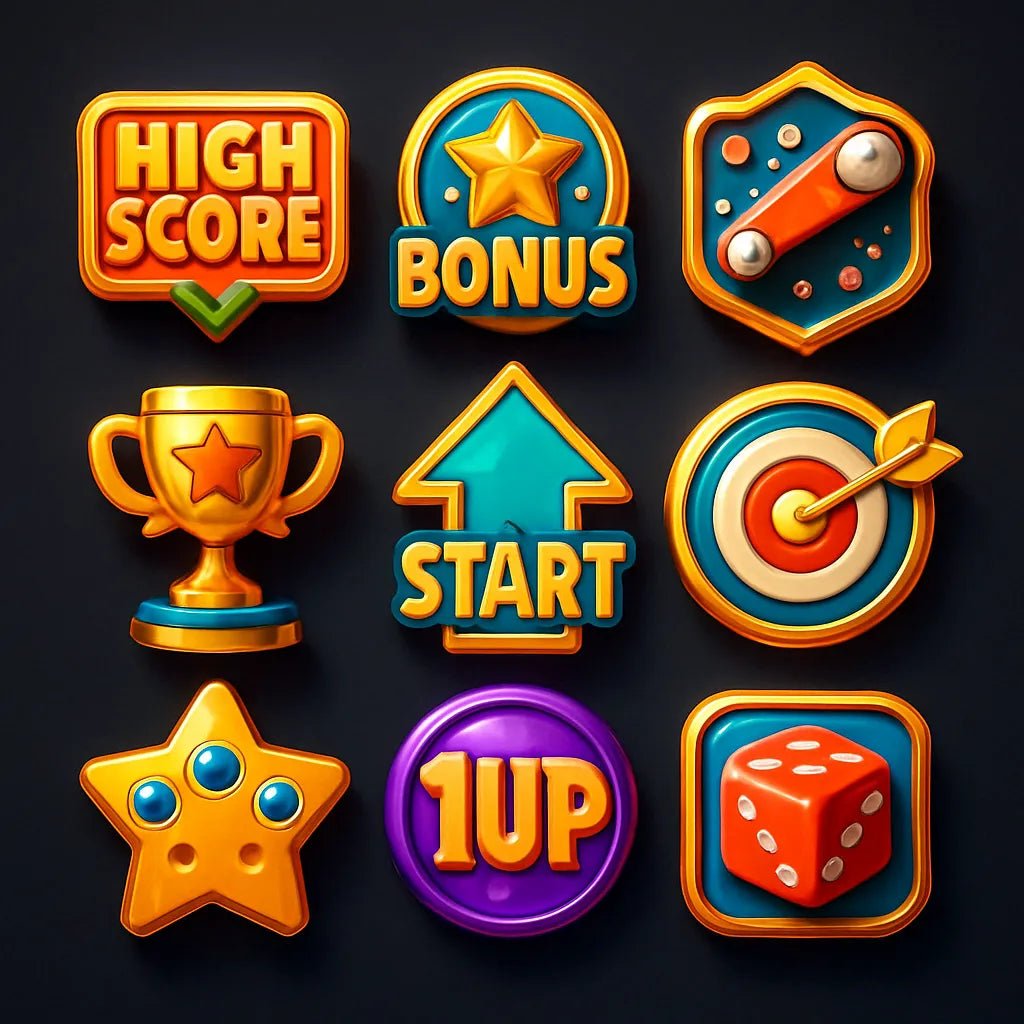 Example output from the 3D Game Badges With Mood Color Sets ChatGPT prompt: themed achievement badges in metallic finishes. Game.