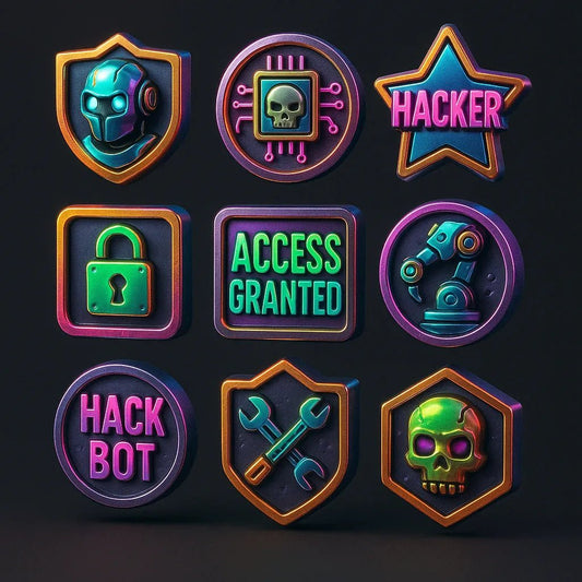 Example output from the 3D Game Badges With Mood Color Sets ChatGPT prompt: themed achievement badges in metallic finishes. Hacker.