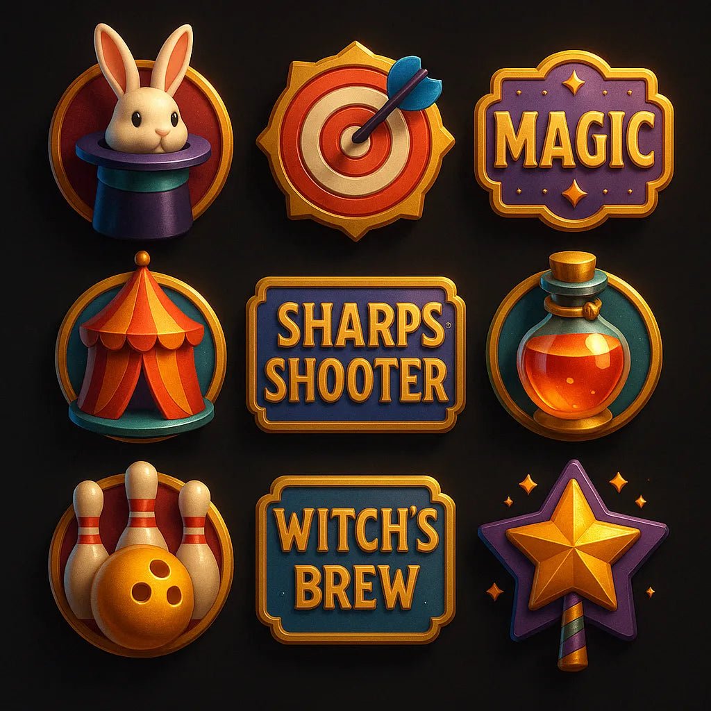 Example output from the 3D Game Badges With Mood Color Sets ChatGPT prompt: themed achievement badges in metallic finishes. Magic.