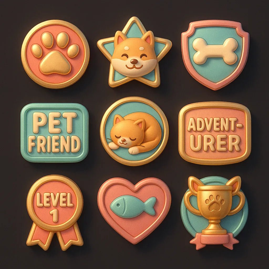 Example output from the 3D Game Badges With Mood Color Sets ChatGPT prompt: themed achievement badges in metallic finishes. Pet Friend.