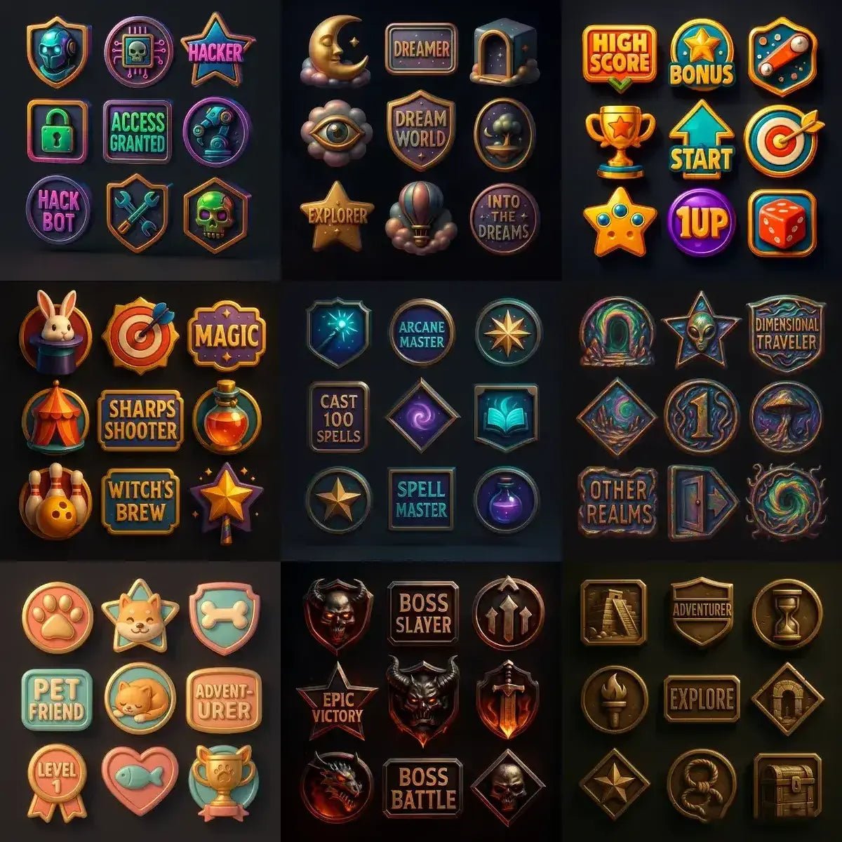 Example output from the 3D Game Badges With Mood Color Sets ChatGPT prompt: themed achievement badges in metallic finishes, featuring mood-based color palettes, custom shapes, mixed text/icon layouts, and polished 3D effects.