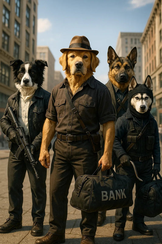 Example output from the 3D Mixed Animal Species Gang Portraits ChatGPT prompt: Day Light Bank Robbers.