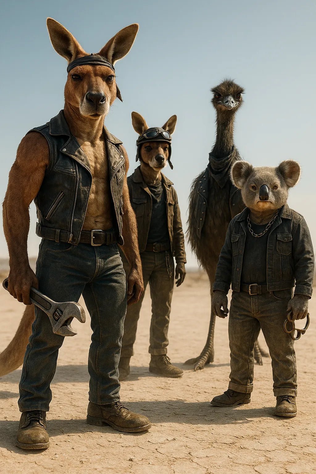 Example output from the 3D Mixed Animal Species Gang Portraits ChatGPT prompt: Desert Racing Gang.