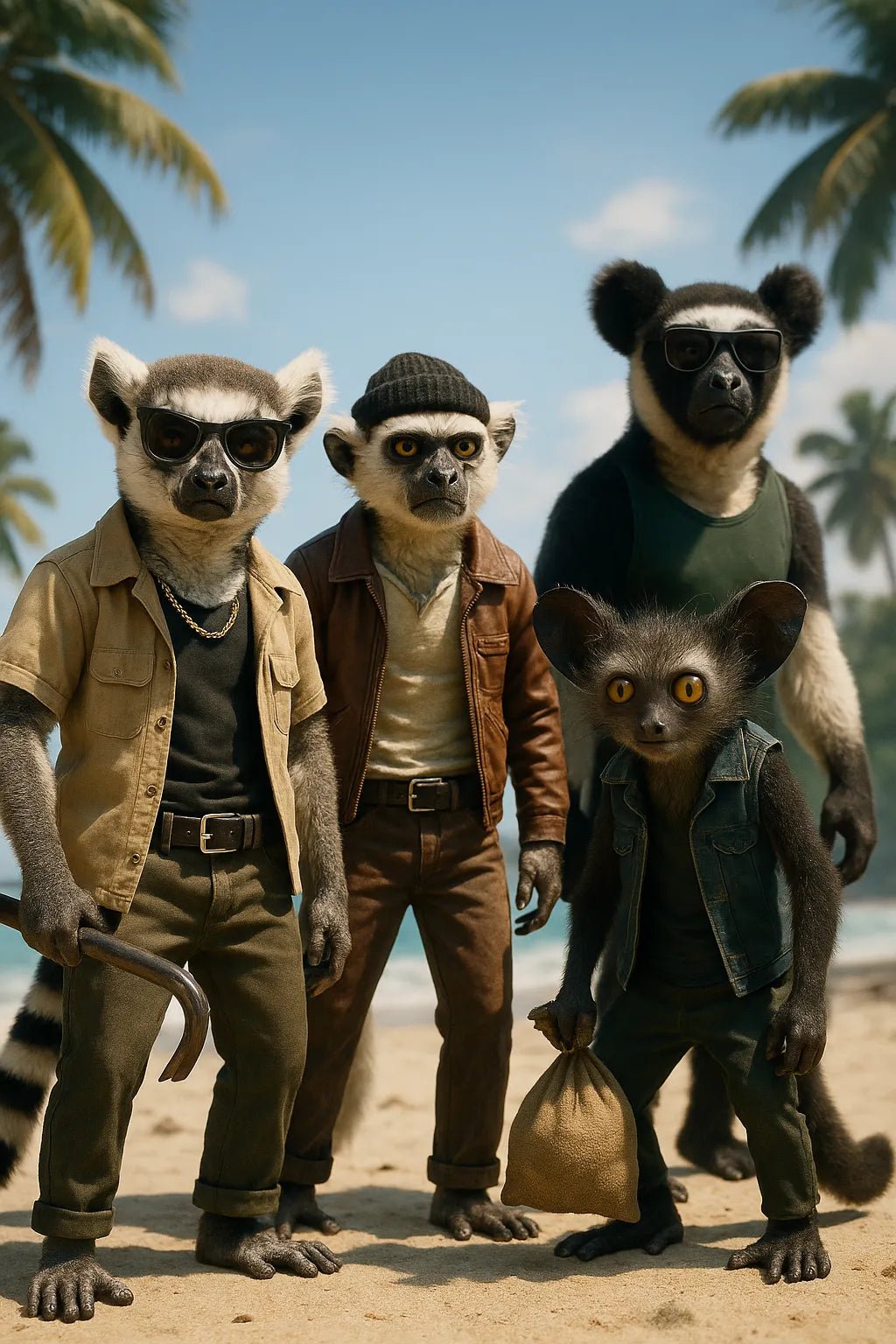 Example output from the 3D Mixed Animal Species Gang Portraits ChatGPT prompt: Funky Island Heist.