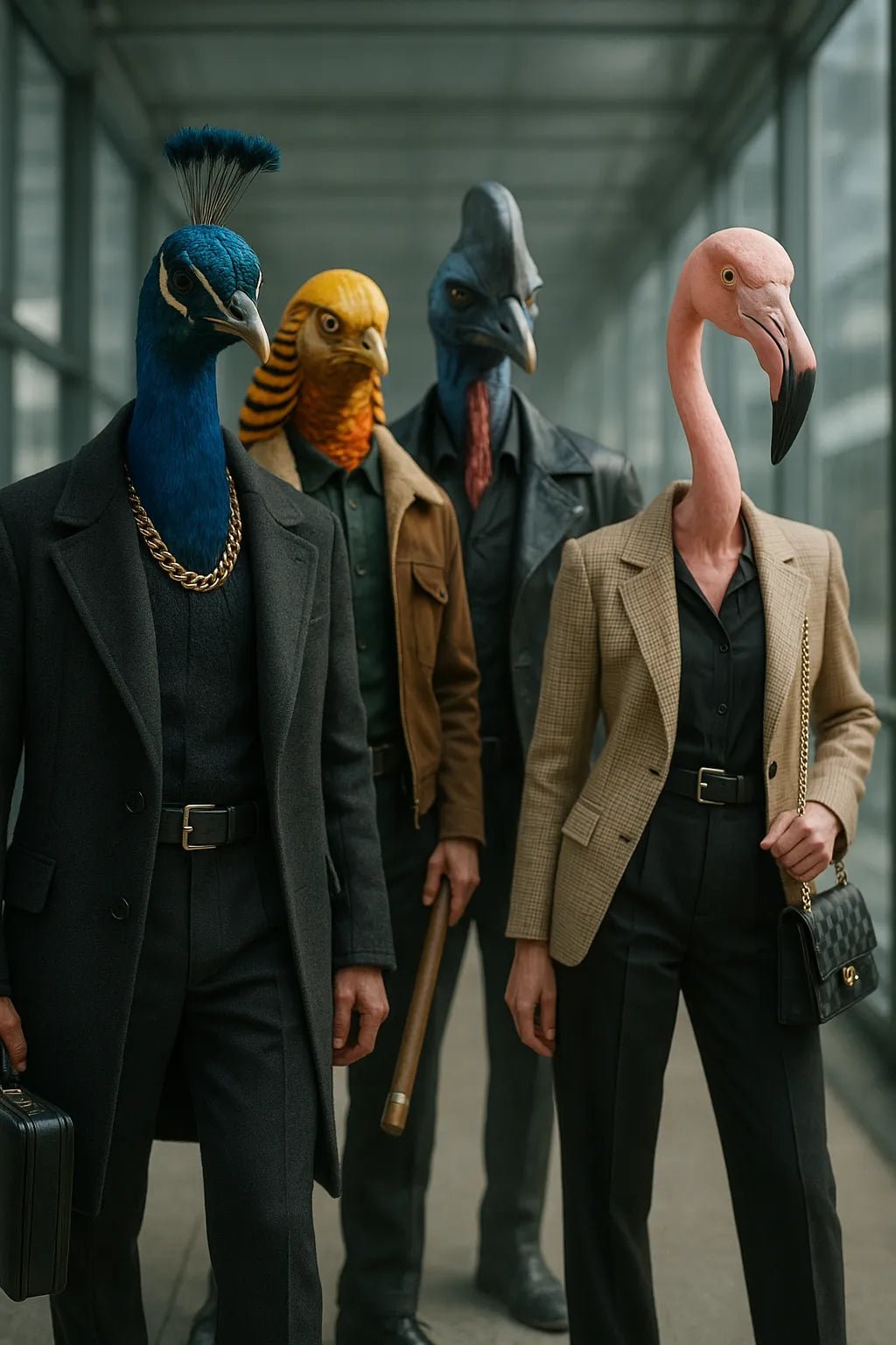 Example output from the 3D Mixed Animal Species Gang Portraits ChatGPT prompt: Fashion Smugglers.