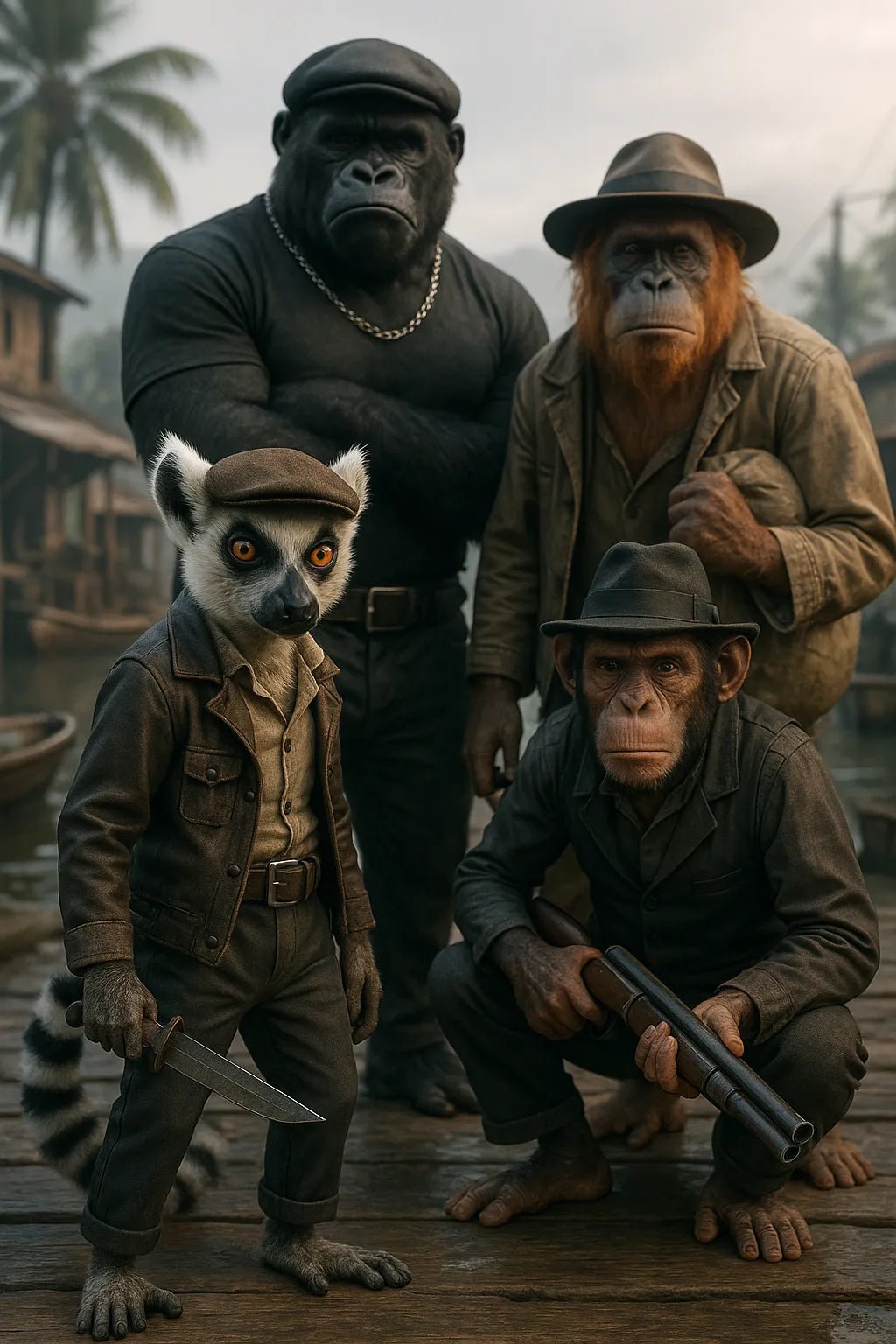 Example output from the 3D Mixed Animal Species Gang Portraits ChatGPT prompt: Jungle Smugglers.