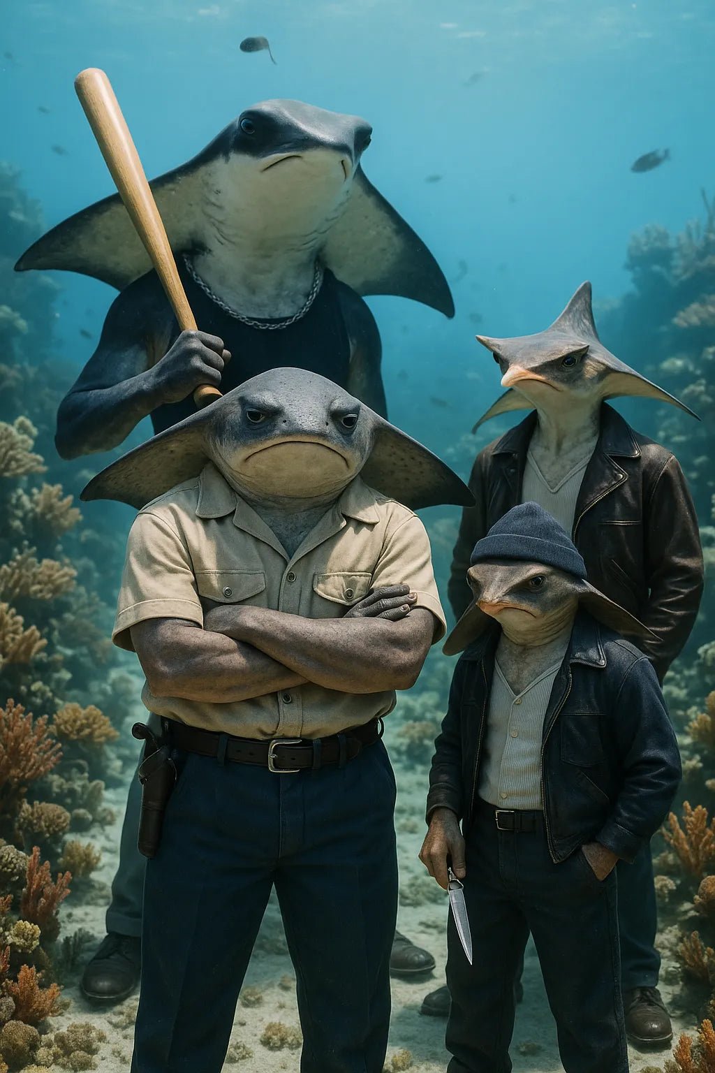 Example output from the 3D Mixed Animal Species Gang Portraits ChatGPT prompt: Reef Cartel.