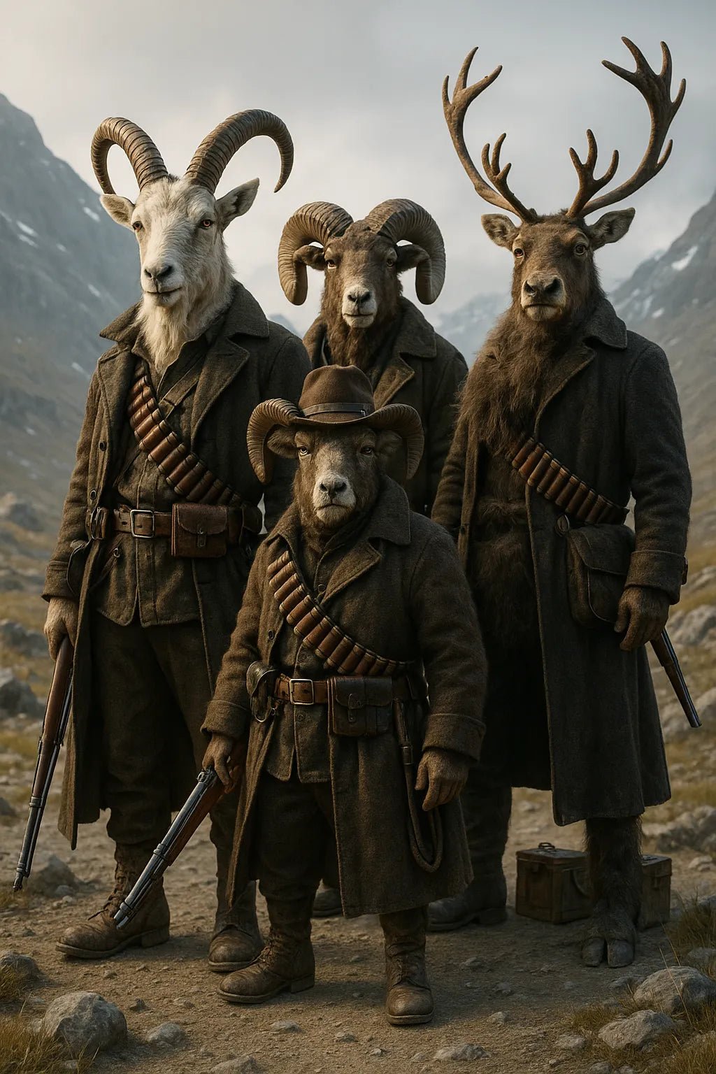 Example output from the 3D Mixed Animal Species Gang Portraits ChatGPT prompt: Smuggler Caravan.