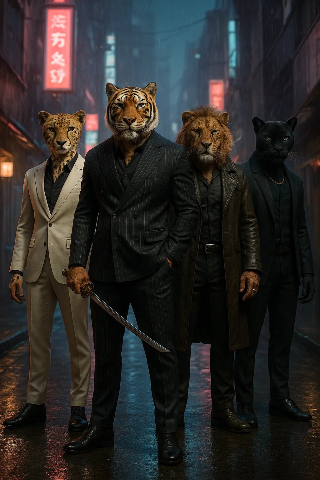 Example output from the 3D Mixed Animal Species Gang Portraits ChatGPT prompt: Yakuza.