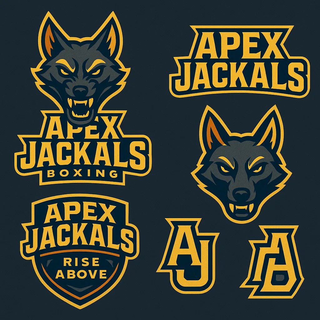 Example output from the 3D Sport Mascot Logo Families ChatGPT prompt: bold mascot branding packs with 3D vector-style logos, layered textures, expressive fonts, and rich color palettes—perfect for elite sports identities. Apex Jackals.