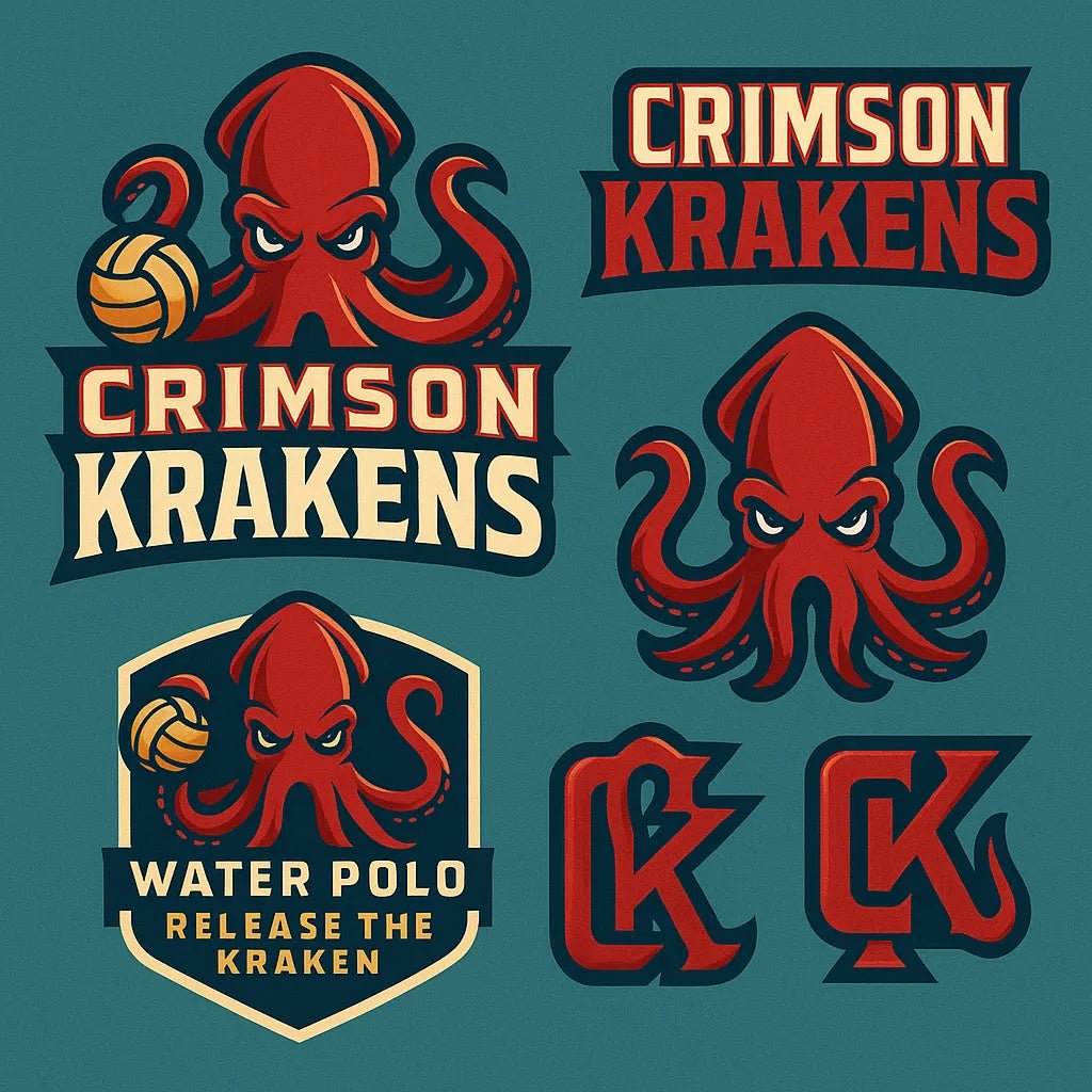 Example output from the 3D Sport Mascot Logo Families ChatGPT prompt: bold mascot branding packs with 3D vector-style logos, layered textures, expressive fonts, and rich color palettes—perfect for elite sports identities. Crimson Krakens.