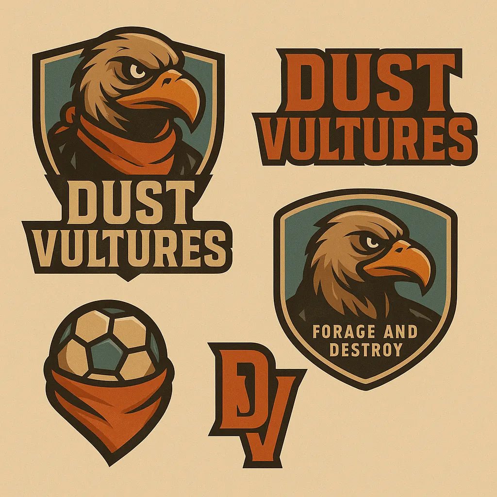 Example output from the 3D Sport Mascot Logo Families ChatGPT prompt: bold mascot branding packs with 3D vector-style logos, layered textures, expressive fonts, and rich color palettes—perfect for elite sports identities. Dust Vultures.