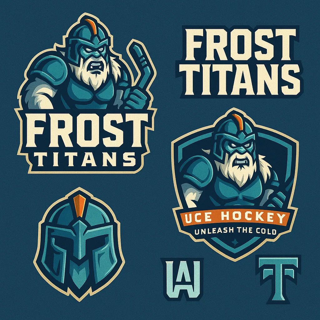 Example output from the 3D Sport Mascot Logo Families ChatGPT prompt: bold mascot branding packs with 3D vector-style logos, layered textures, expressive fonts, and rich color palettes—perfect for elite sports identities. Frost Titans.