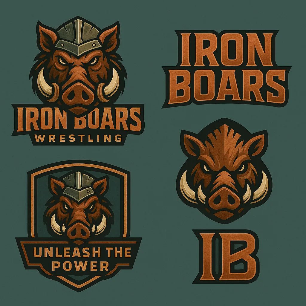 Example output from the 3D Sport Mascot Logo Families ChatGPT prompt: bold mascot branding packs with 3D vector-style logos, layered textures, expressive fonts, and rich color palettes—perfect for elite sports identities. Iron Boars.