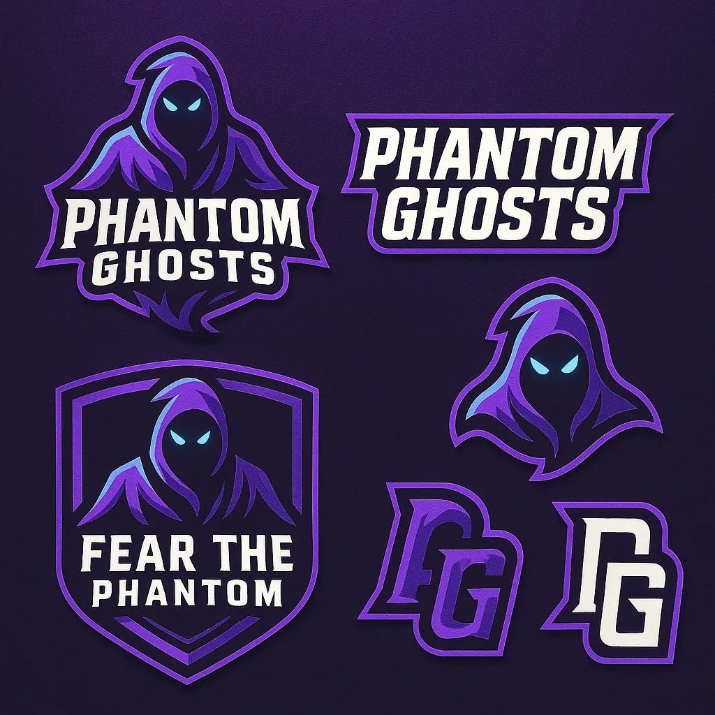 Example output from the 3D Sport Mascot Logo Families ChatGPT prompt: bold mascot branding packs with 3D vector-style logos, layered textures, expressive fonts, and rich color palettes—perfect for elite sports identities. Phantom Ghosts.