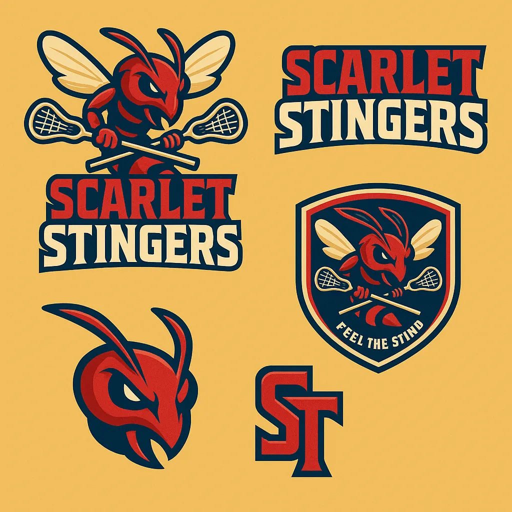 Example output from the 3D Sport Mascot Logo Families ChatGPT prompt: bold mascot branding packs with 3D vector-style logos, layered textures, expressive fonts, and rich color palettes—perfect for elite sports identities. Scarlet Stingers.