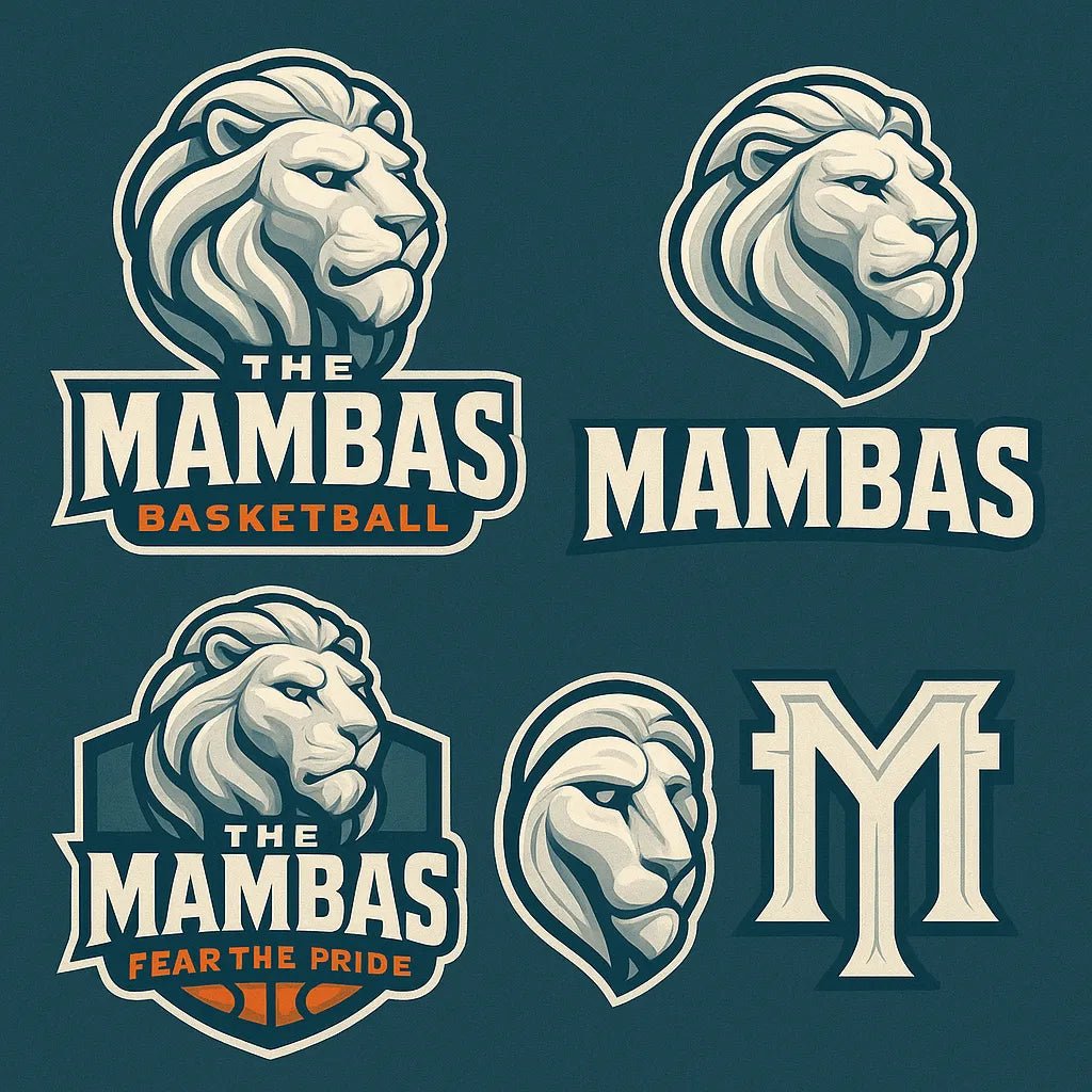 Example output from the 3D Sport Mascot Logo Families ChatGPT prompt: bold mascot branding packs with 3D vector-style logos, layered textures, expressive fonts, and rich color palettes—perfect for elite sports identities. The Mambas.