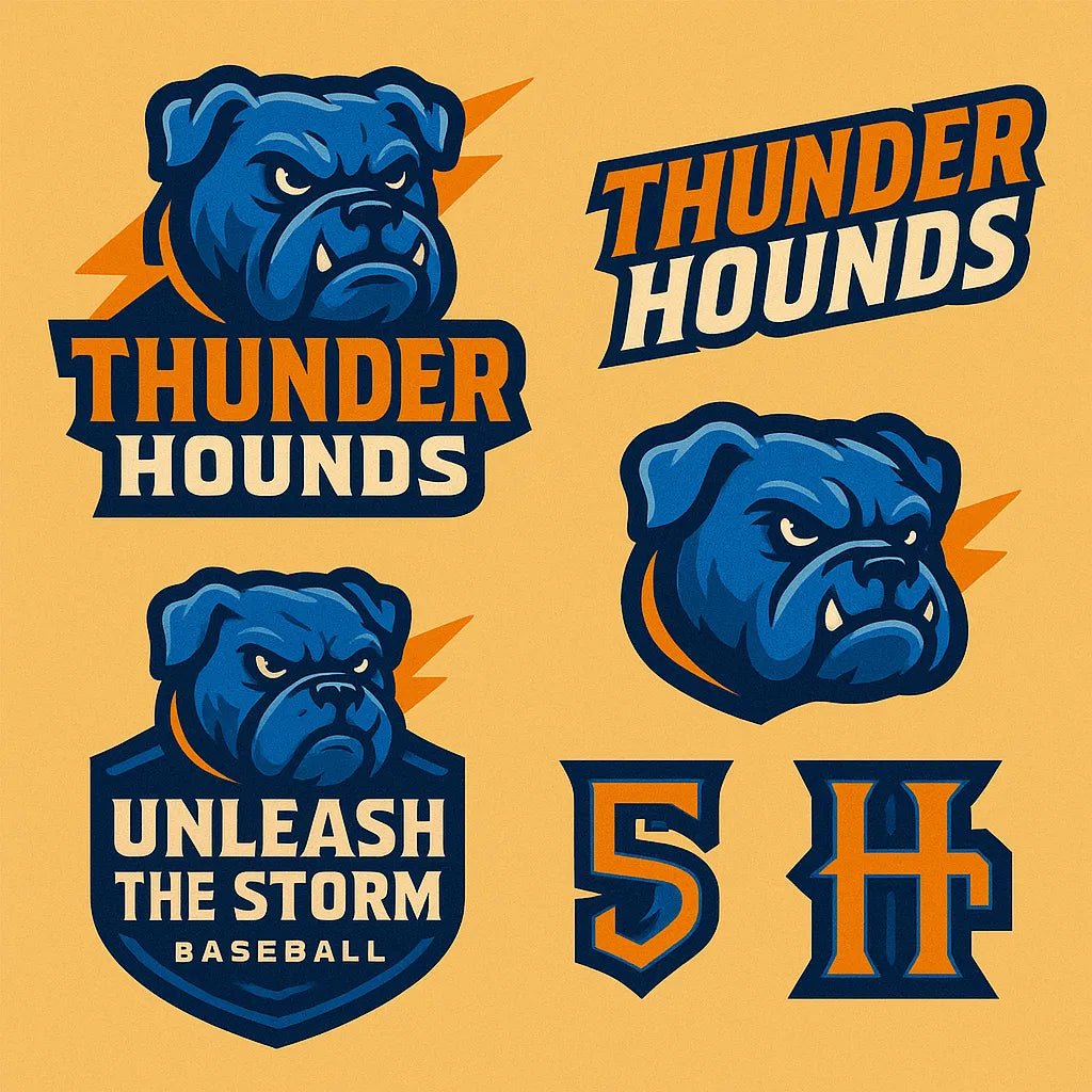 Example output from the 3D Sport Mascot Logo Families ChatGPT prompt: bold mascot branding packs with 3D vector-style logos, layered textures, expressive fonts, and rich color palettes—perfect for elite sports identities. Thunder Hounds.