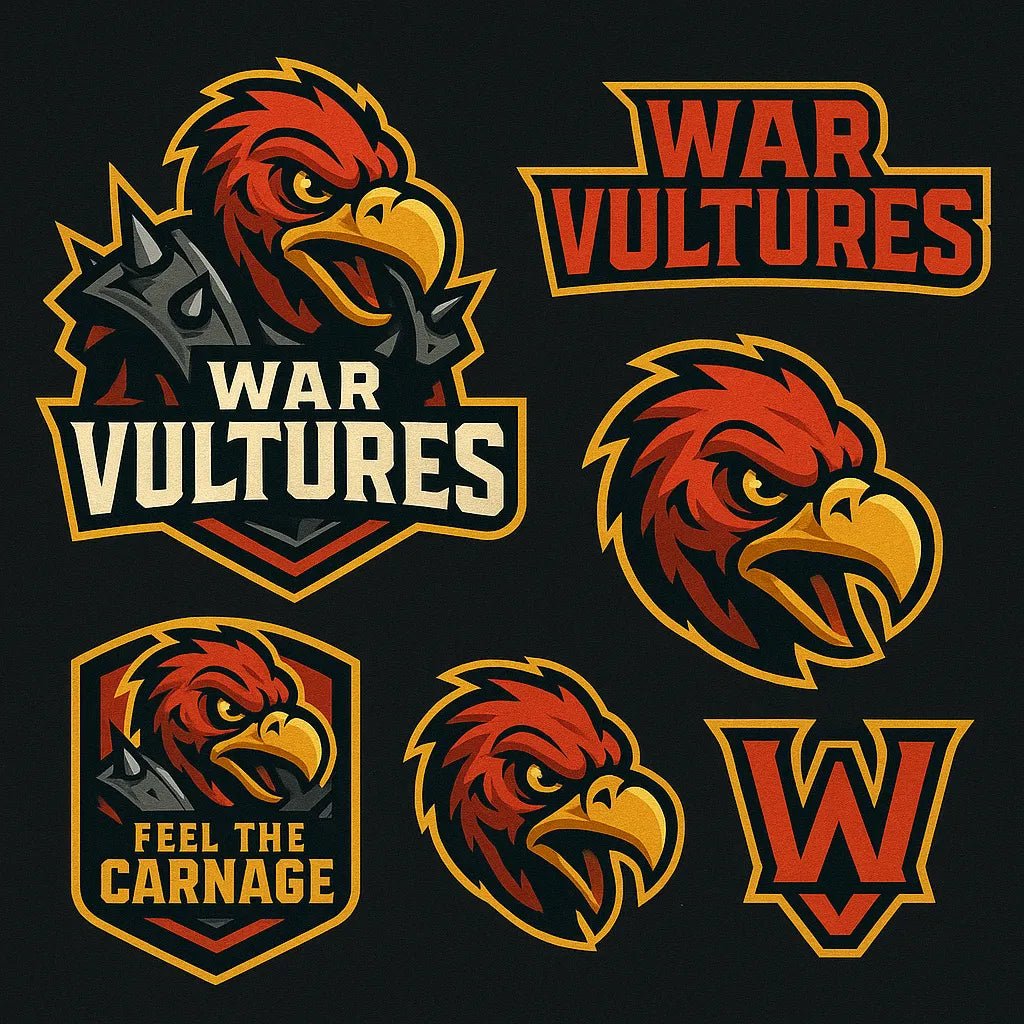 Example output from the 3D Sport Mascot Logo Families ChatGPT prompt: bold mascot branding packs with 3D vector-style logos, layered textures, expressive fonts, and rich color palettes—perfect for elite sports identities. War Vultures.