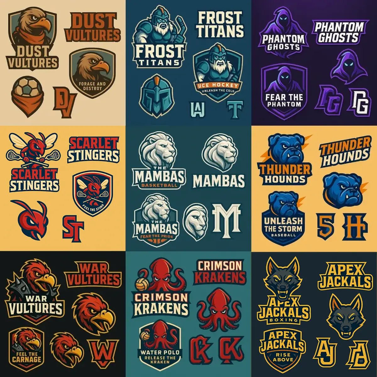 Example output from the 3D Sport Mascot Logo Families ChatGPT prompt: bold mascot branding packs with 3D vector-style logos, layered textures, expressive fonts, and rich color palettes—perfect for elite sports identities.