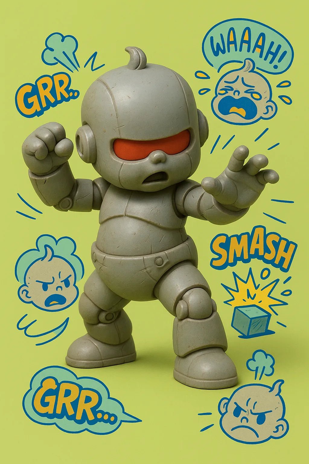 Example output from the 3D Toy Renders With Sketch Overlays ChatGPT prompt: vinyl toy characters with comic-style overlays, featuring photoreal 3D rendering, expressive sticker illustrations, grounded lighting, and stylized speech bubbles. Baby Robot.