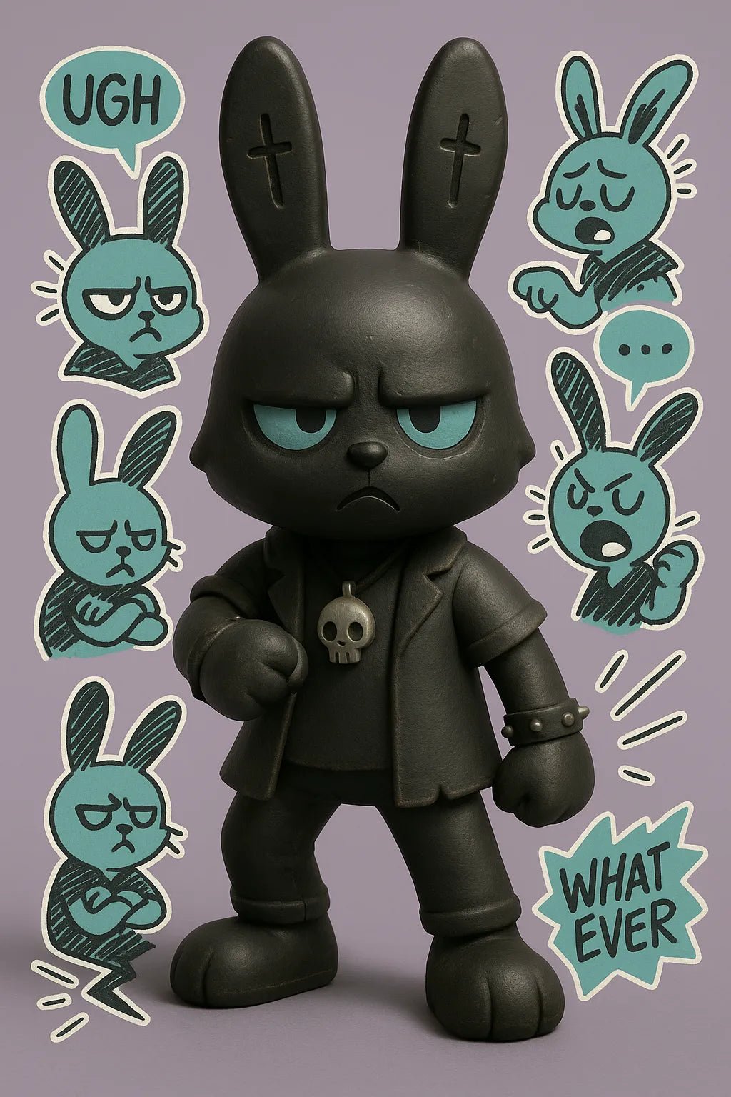 Example output from the 3D Toy Renders With Sketch Overlays ChatGPT prompt: vinyl toy characters with comic-style overlays, featuring photoreal 3D rendering, expressive sticker illustrations, grounded lighting, and stylized speech bubbles. Black Cat.