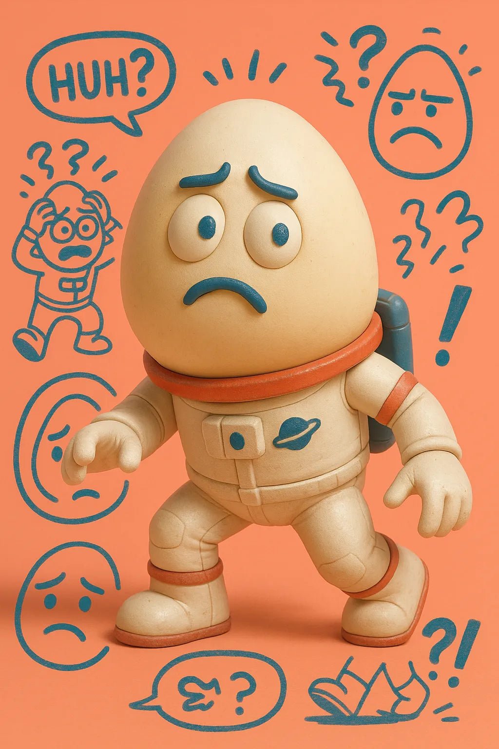 Example output from the 3D Toy Renders With Sketch Overlays ChatGPT prompt: vinyl toy characters with comic-style overlays, featuring photoreal 3D rendering, expressive sticker illustrations, grounded lighting, and stylized speech bubbles. Egg.