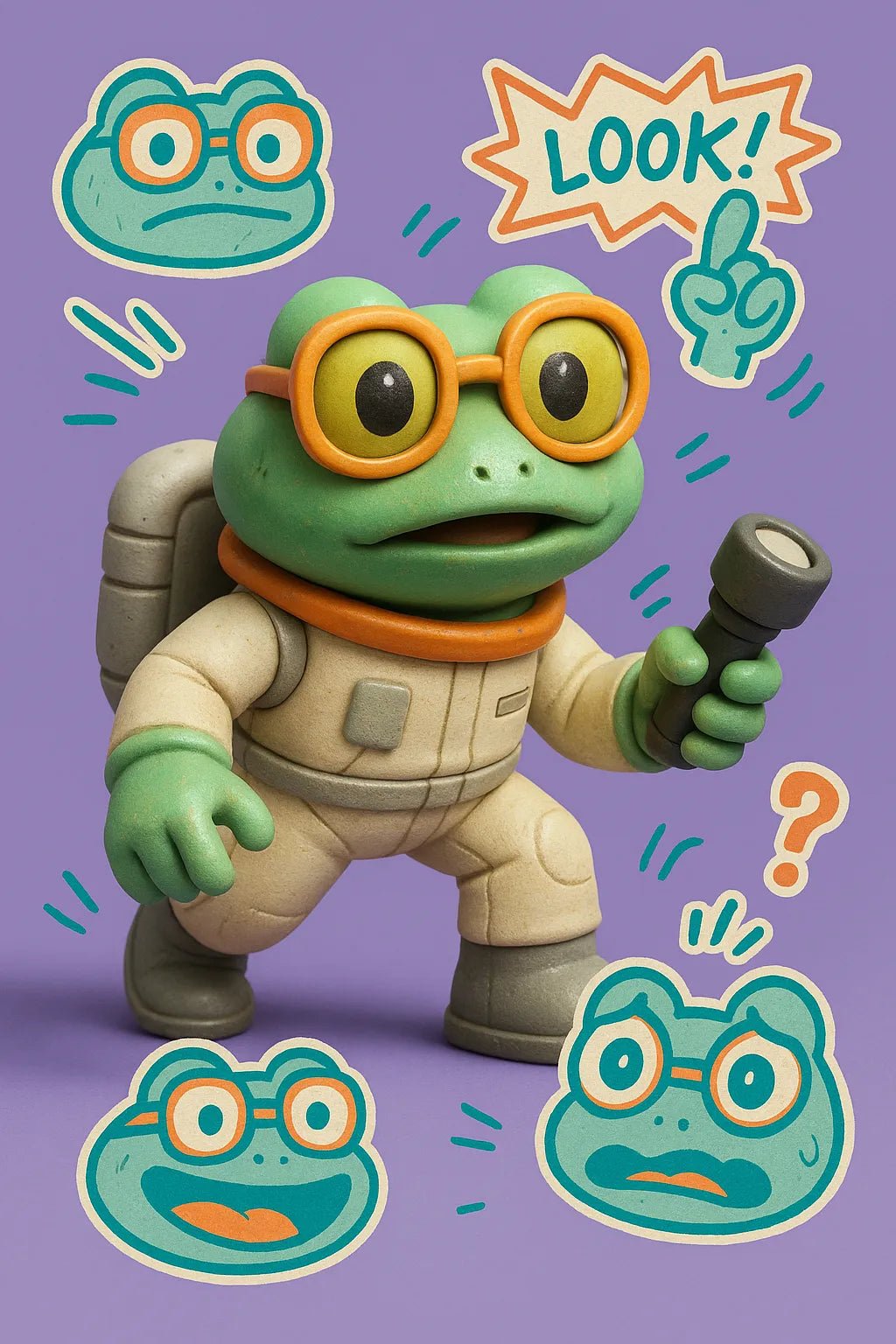 Example output from the 3D Toy Renders With Sketch Overlays ChatGPT prompt: vinyl toy characters with comic-style overlays, featuring photoreal 3D rendering, expressive sticker illustrations, grounded lighting, and stylized speech bubbles. Frog.