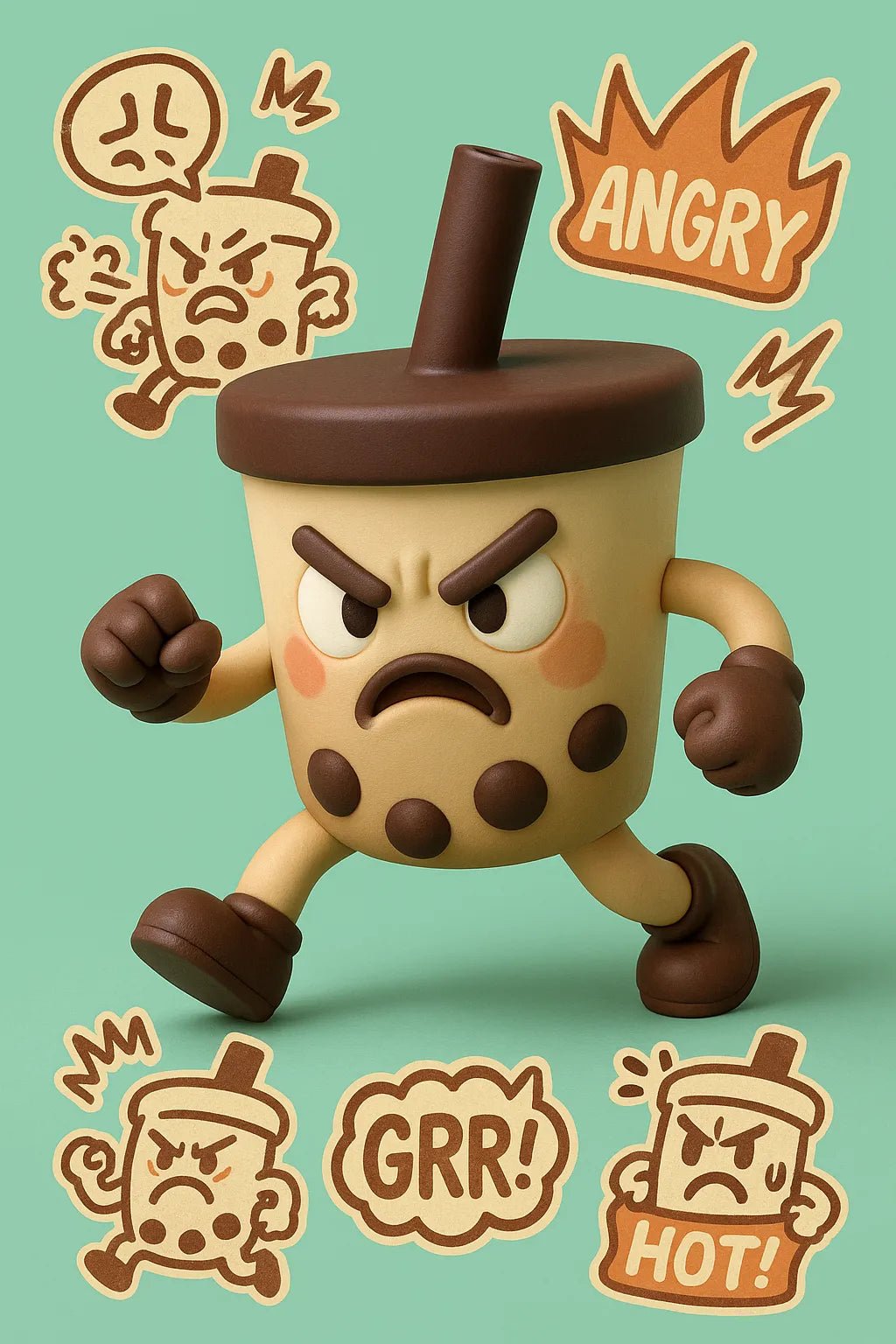 Example output from the 3D Toy Renders With Sketch Overlays ChatGPT prompt: vinyl toy characters with comic-style overlays, featuring photoreal 3D rendering, expressive sticker illustrations, grounded lighting, and stylized speech bubbles. Mad Cup.