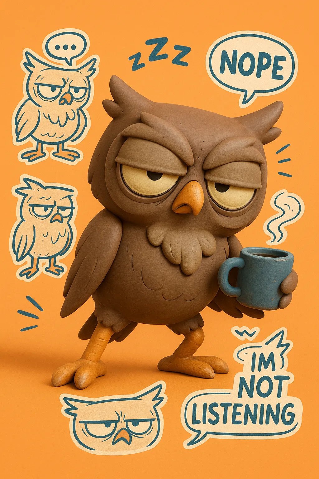 Example output from the 3D Toy Renders With Sketch Overlays ChatGPT prompt: vinyl toy characters with comic-style overlays, featuring photoreal 3D rendering, expressive sticker illustrations, grounded lighting, and stylized speech bubbles. Owl.