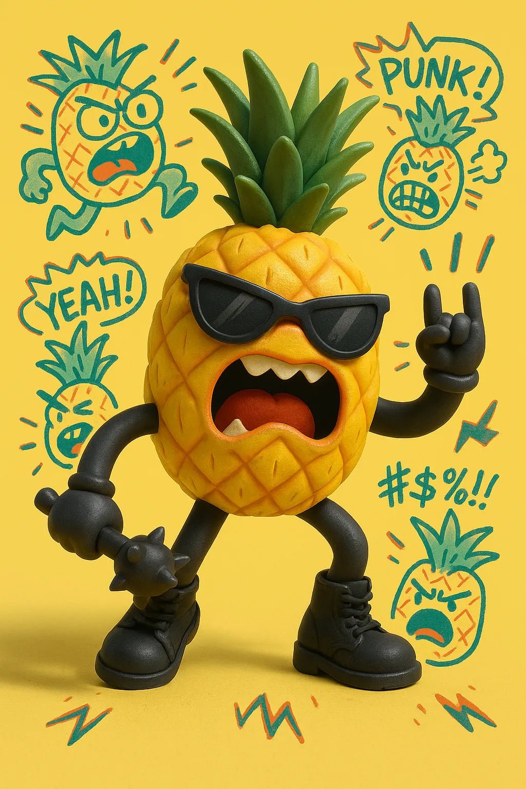 Example output from the 3D Toy Renders With Sketch Overlays ChatGPT prompt: vinyl toy characters with comic-style overlays, featuring photoreal 3D rendering, expressive sticker illustrations, grounded lighting, and stylized speech bubbles. Punk Pineapple.